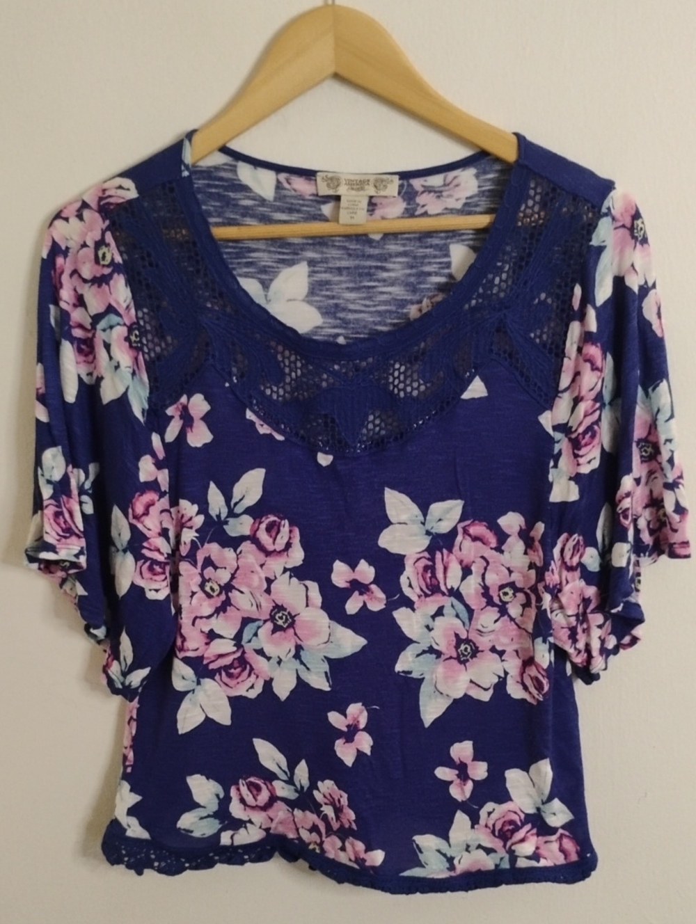 Vintage America Royal Blue Floral Short Sleeve Top with Crochet Detail